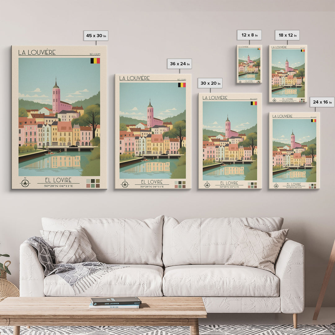 La Louvière Belgium Travel Poster Framed Canvas Print, Midcentury Modern Art, Pop Art Wall Decor, Scenic Living Room Art, Bedroom Gift