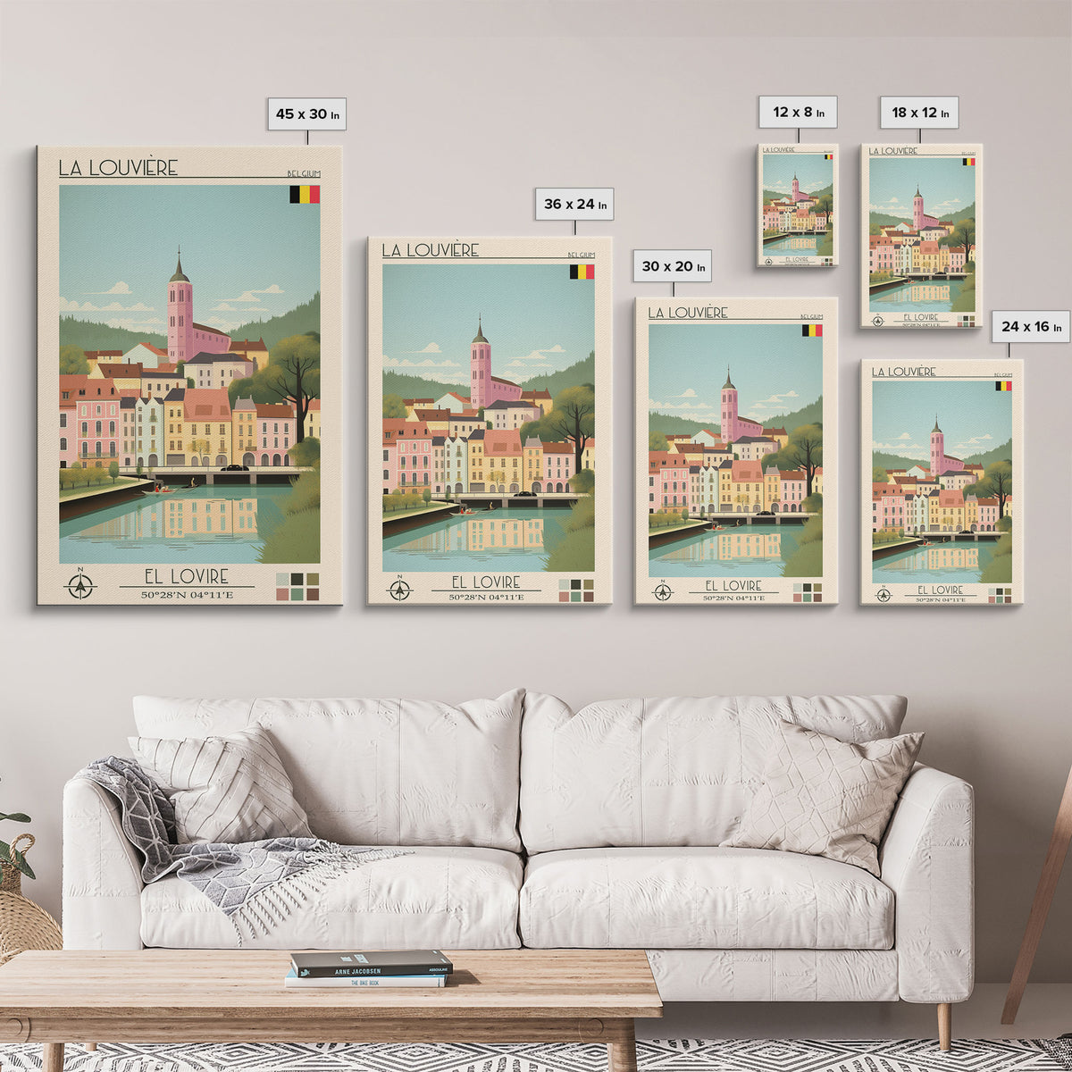 La Louvière Belgium Travel Poster Framed Canvas Print, Midcentury Modern Art, Pop Art Wall Decor, Scenic Living Room Art, Bedroom Gift