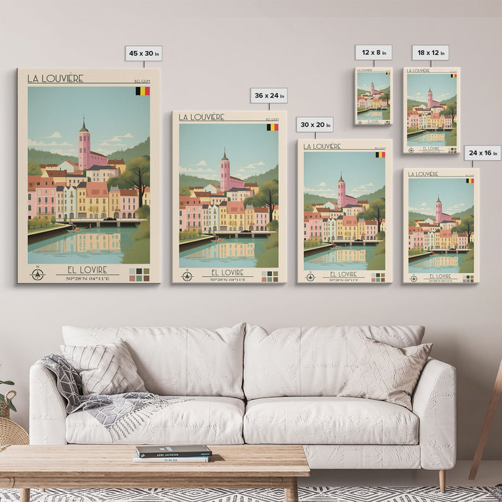 La Louvière Belgium Travel Poster Framed Canvas Print, Midcentury Modern Art, Pop Art Wall Decor, Scenic Living Room Art, Bedroom Gift