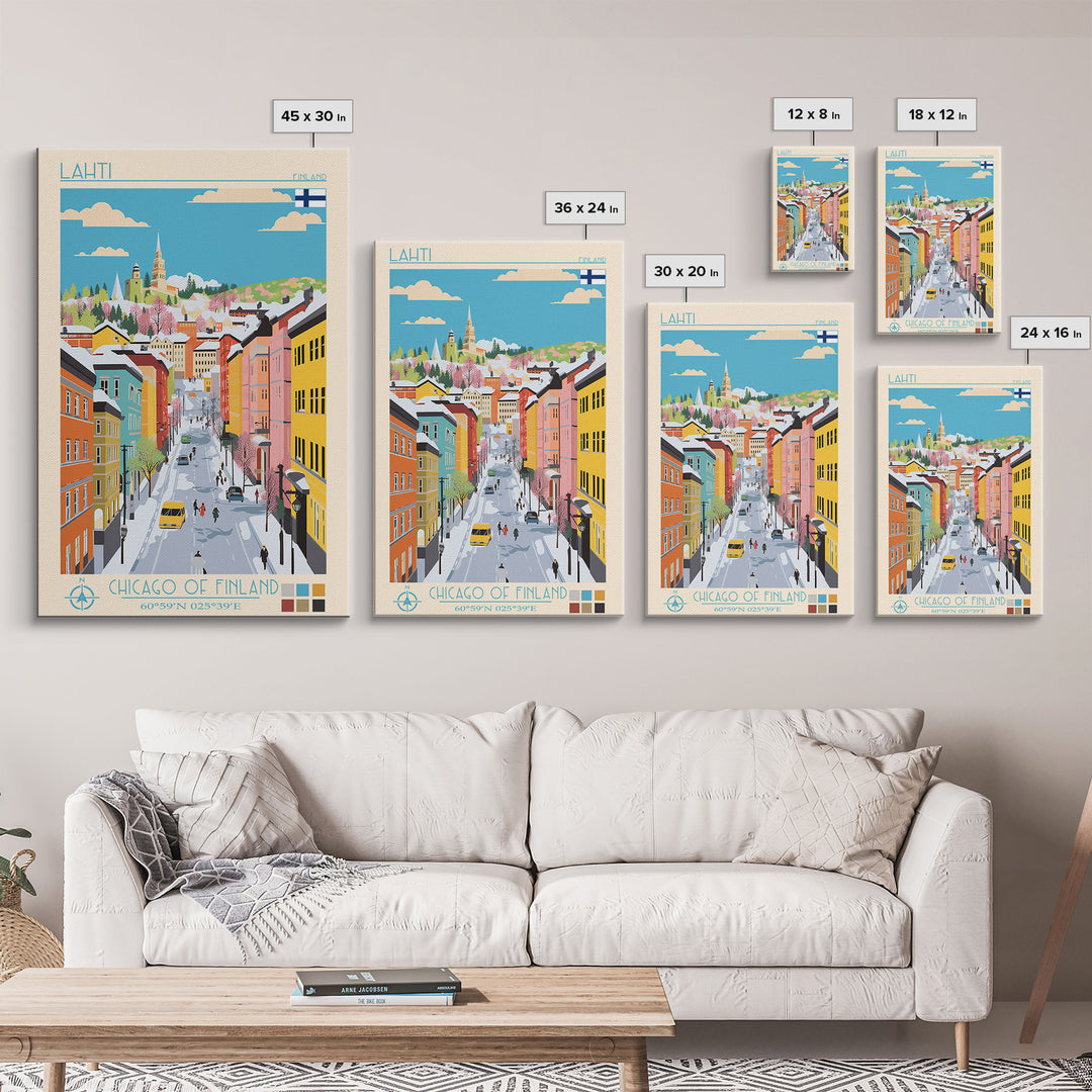 Lahti Finland Travel Poster Framed Canvas Print, Midcentury Modern Art, Pop Art Wall Decor, Scenic Wall Art, Living Room Decoration, Office Art