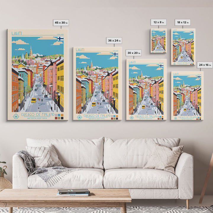 Lahti Finland Travel Poster Framed Canvas Print, Midcentury Modern Art, Pop Art Wall Decor, Scenic Wall Art, Living Room Decoration, Office Art