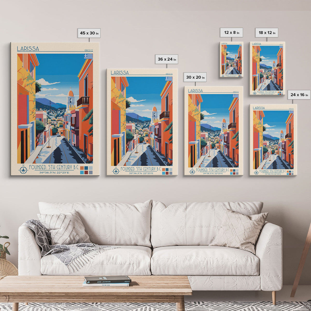 Larissa Greece Travel Poster Framed Canvas Print, Midcentury Modern Art, Pop Art Wall Decor, Scenic Wall Art, Living Room Decoration, Office Gift