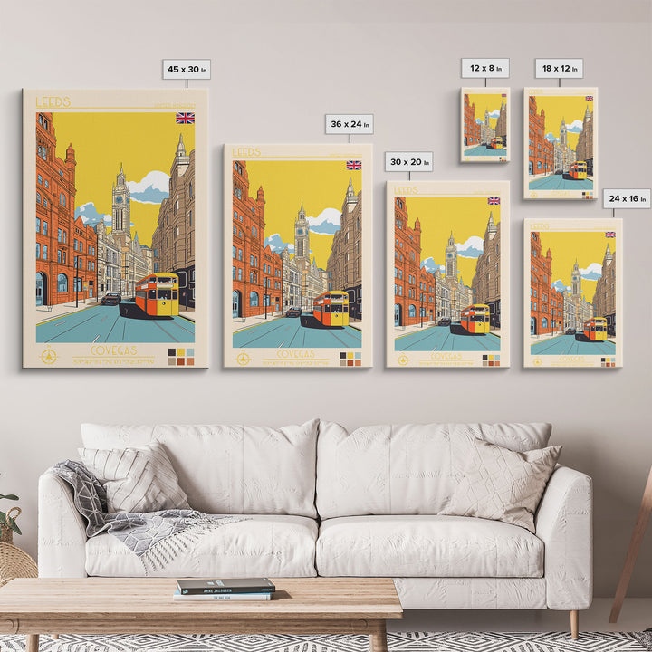 Leeds United Kingdom Travel Poster Framed Canvas Print, Midcentury Modern Art, Pop Art Wall Decor, Scenic Living Room Art, Bedroom Decor