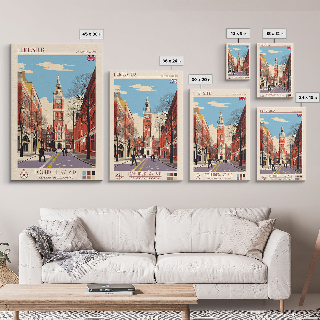 Leicester United Kingdom Travel Poster Framed Canvas Print, Midcentury Modern Art, Pop Art Wall Decor, Home Decor, Vacation Gift, Office Art