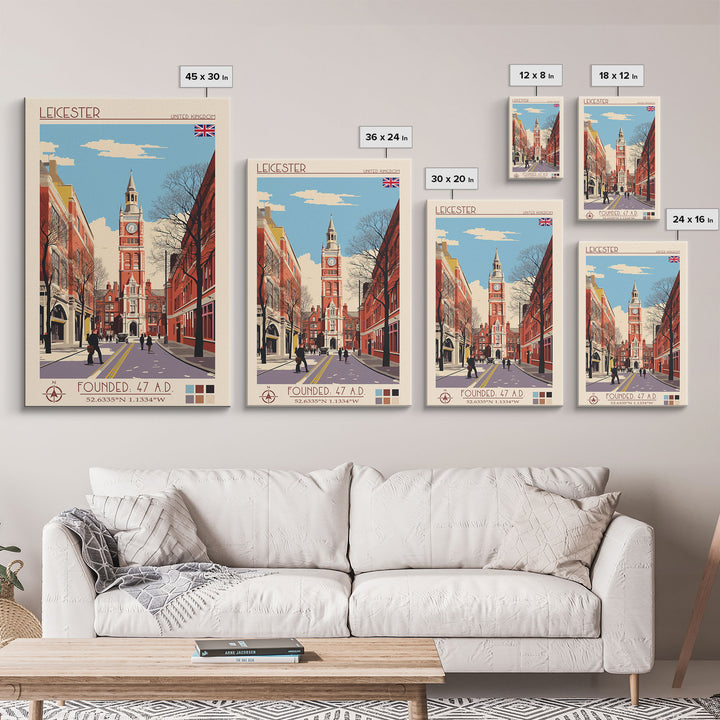 Leicester United Kingdom Travel Poster Framed Canvas Print, Midcentury Modern Art, Pop Art Wall Decor, Home Decor, Vacation Gift, Office Art