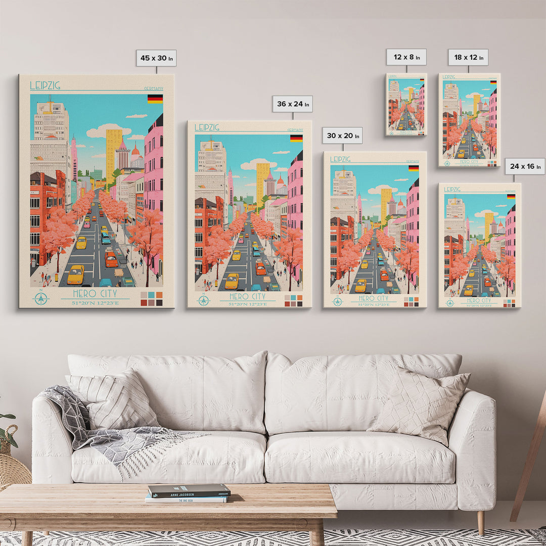Leipzig Germany Travel Poster Framed Canvas Print, Midcentury Modern Art, Pop Art Wall Decor, Scenic Living Room Art, Bedroom Gift