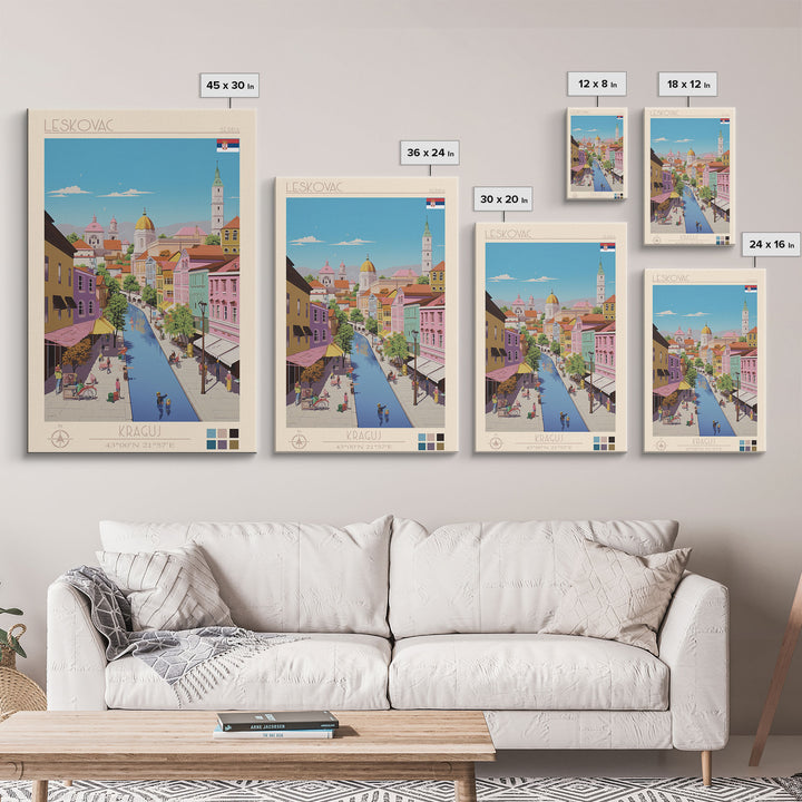Leskovac Serbia Travel Poster Framed Canvas Print, Midcentury Modern Art, Pop Art Wall Decor, Scenic Wall Art, Living Room Decoration, Office Art