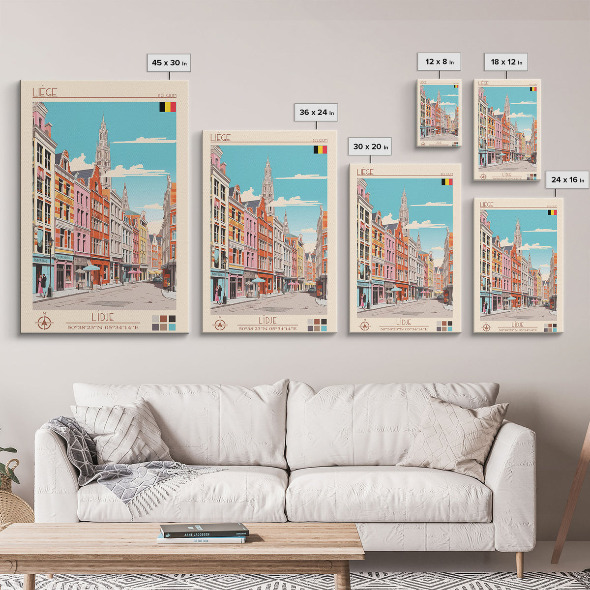 Liège Belgium Travel Poster Framed Canvas Print, Midcentury Modern Art, Pop Art Wall Decor, Scenic Art, Home and Office Decoration