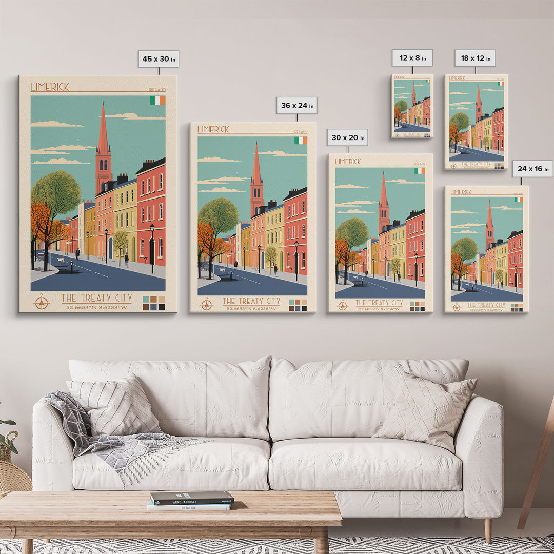 Limerick Ireland Travel Poster Framed Canvas Print, Wall Decor, Midcentury Modern Art, Pop Art, Scenic Art for Bedroom and Office