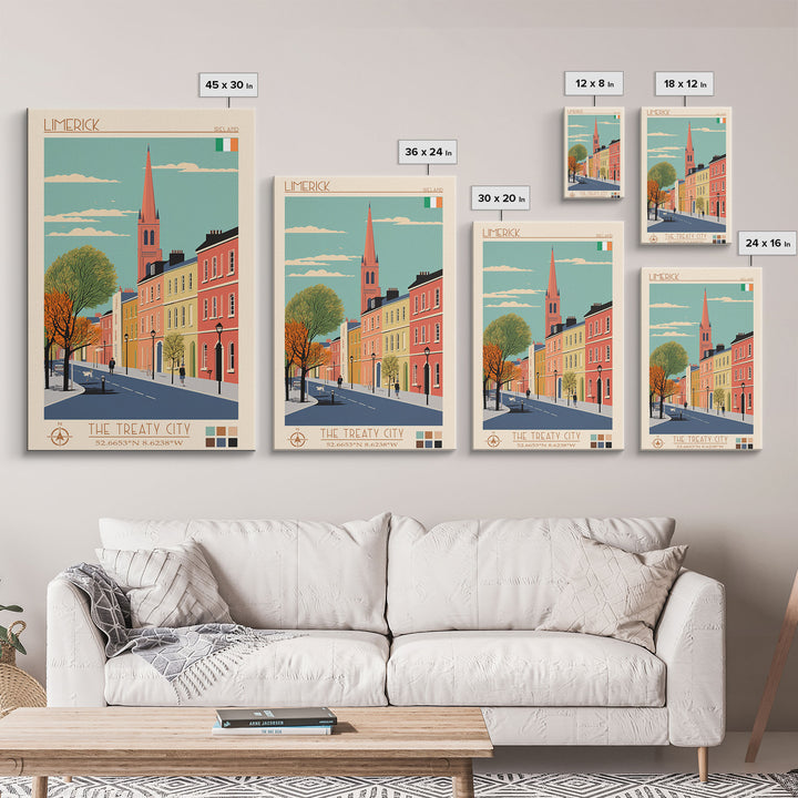 Limerick Ireland Travel Poster Framed Canvas Print, Wall Decor, Midcentury Modern Art, Pop Art, Scenic Art for Bedroom and Office