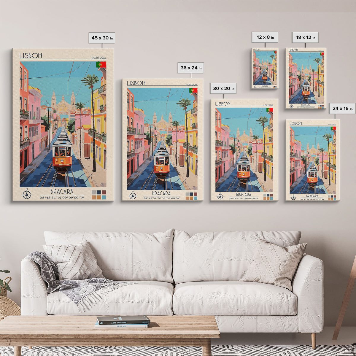 Lisbon Portugal Travel Poster Framed Canvas Print, Midcentury Modern Art, Pop Art Wall Decor, Scenic Art, Living Room and Office Gift