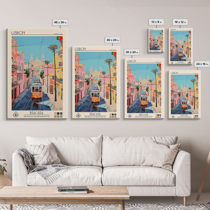 Lisbon Portugal Travel Poster Framed Canvas Print, Midcentury Modern Art, Pop Art Wall Decor, Scenic Art, Living Room and Office Gift