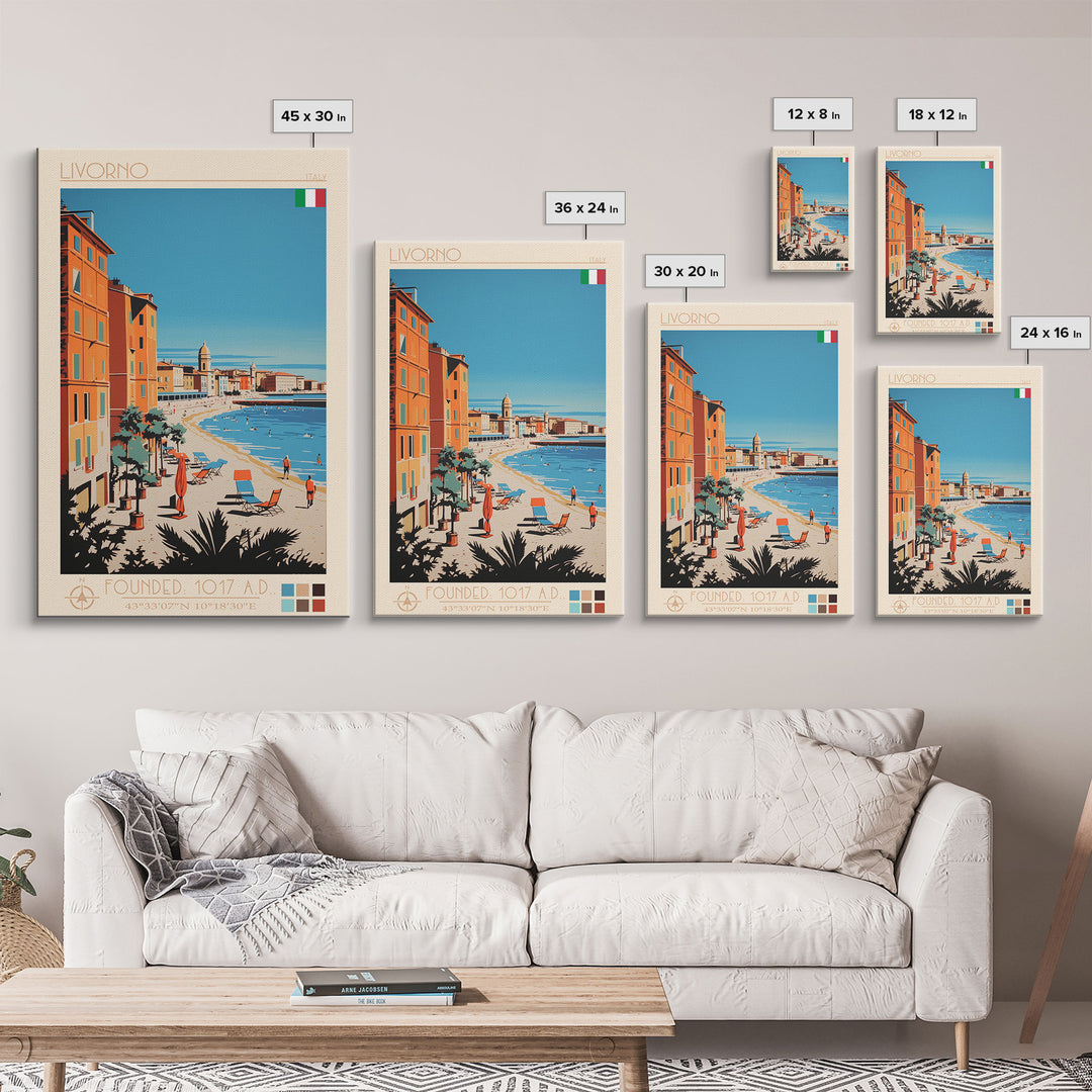 Livorno Italy Travel Poster Framed Canvas Print, Wall Decor, Midcentury Modern Art, Pop Art, Scenic Art for Bedroom and Office