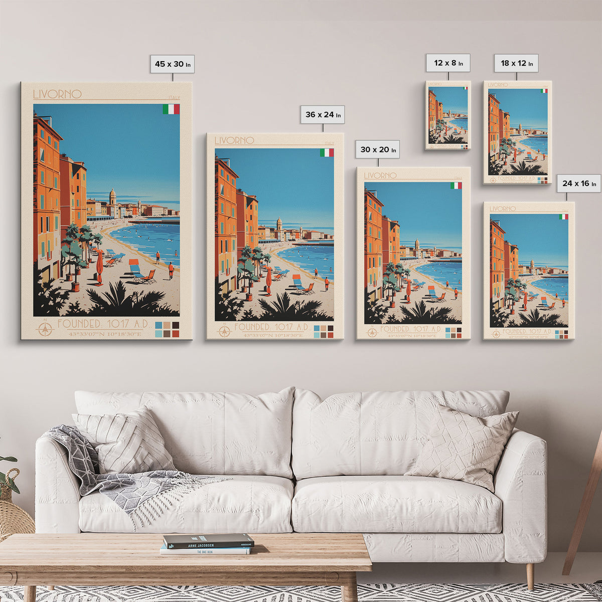 Livorno Italy Travel Poster Framed Canvas Print, Wall Decor, Midcentury Modern Art, Pop Art, Scenic Art for Bedroom and Office