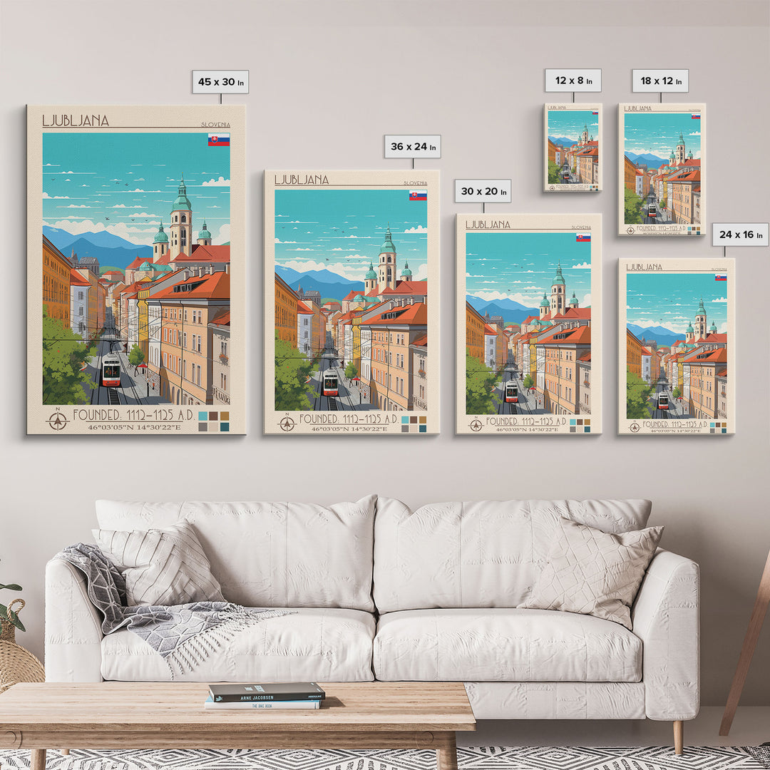 Ljubljana Slovenia Travel Poster Framed Canvas Print, Wall Decor, Midcentury Modern Art, Pop Art, Scenic Art for Bedroom and Living Room