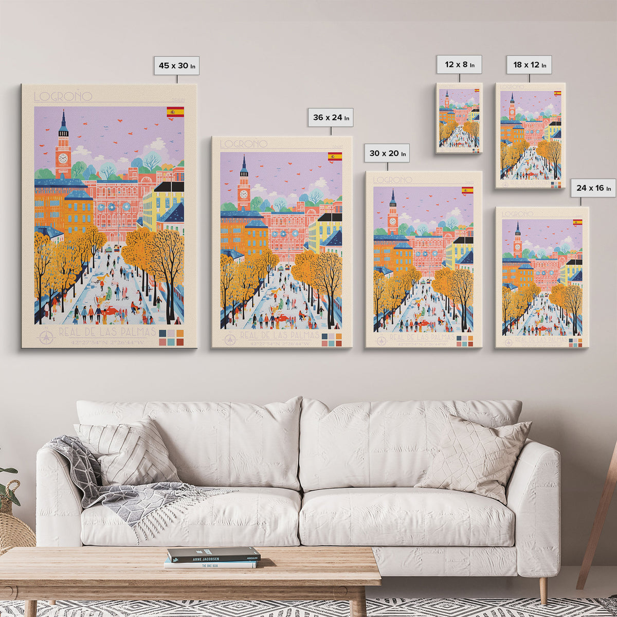 Logroño Spain Travel Poster Framed Canvas Print, Midcentury Modern Art, Pop Art Wall Decor, Scenic Art, Bedroom and Living Room Decor