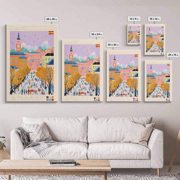 Logroño Spain Travel Poster Framed Canvas Print, Midcentury Modern Art, Pop Art Wall Decor, Scenic Art, Bedroom and Living Room Decor