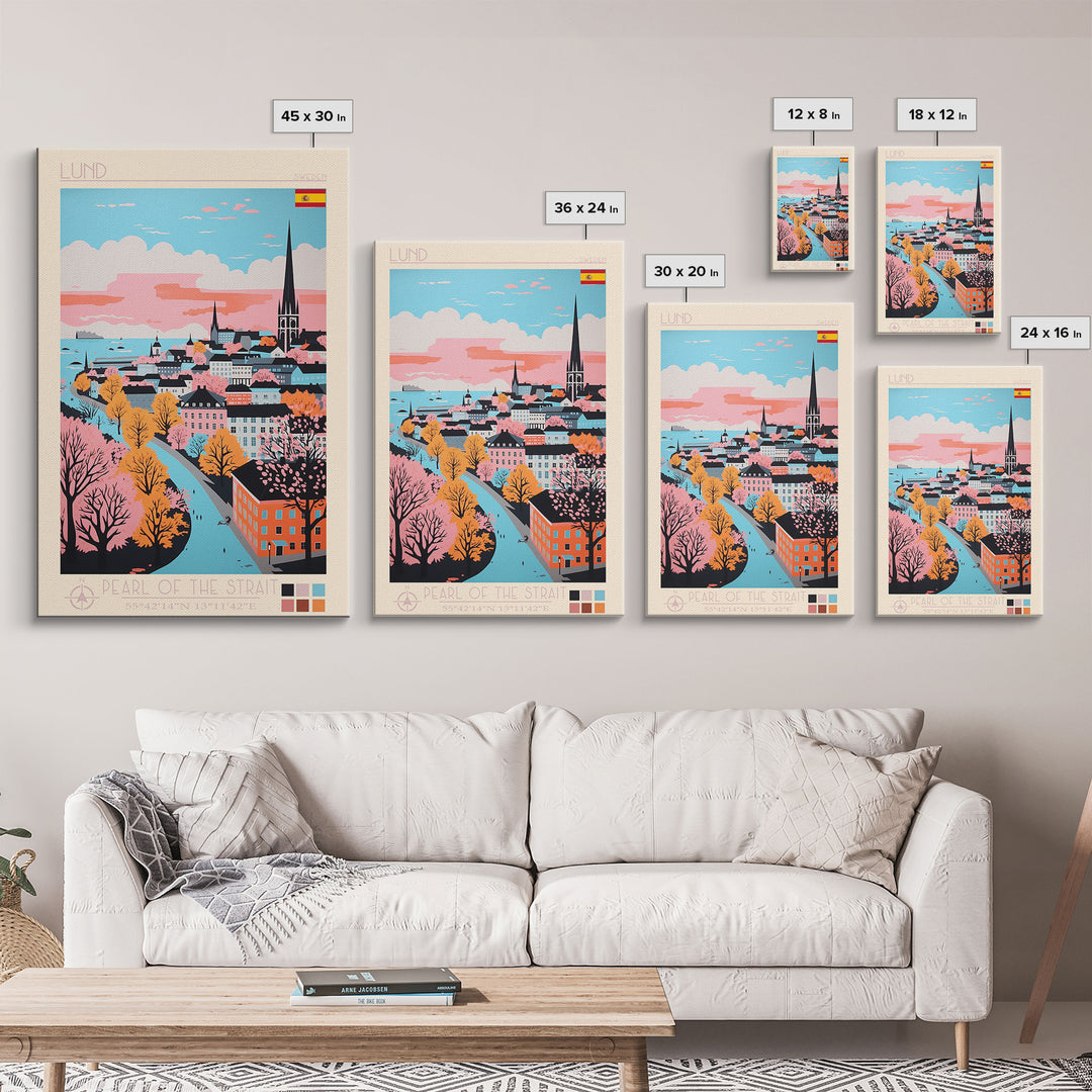 Lund Sweden Travel Poster Framed Canvas Print, Midcentury Modern Art, Pop Art Wall Decor, Scenic Art, Home and Office Decoration