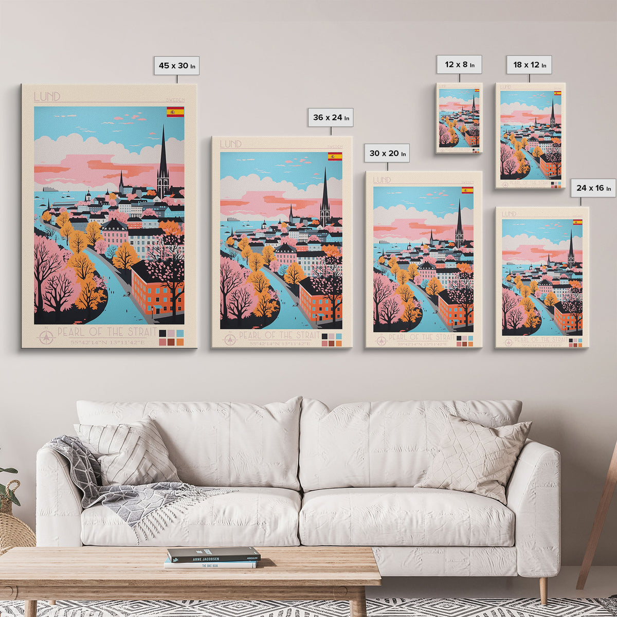 Lund Sweden Travel Poster Framed Canvas Print, Midcentury Modern Art, Pop Art Wall Decor, Scenic Art, Home and Office Decoration