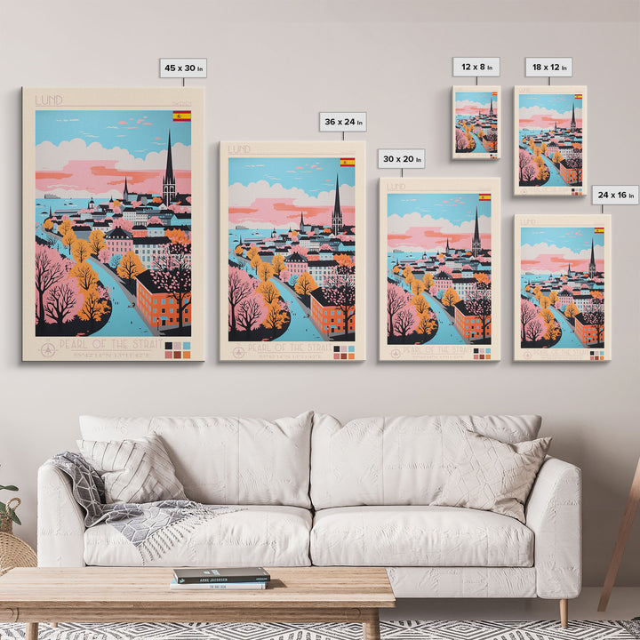Lund Sweden Travel Poster Framed Canvas Print, Midcentury Modern Art, Pop Art Wall Decor, Scenic Art, Home and Office Decoration
