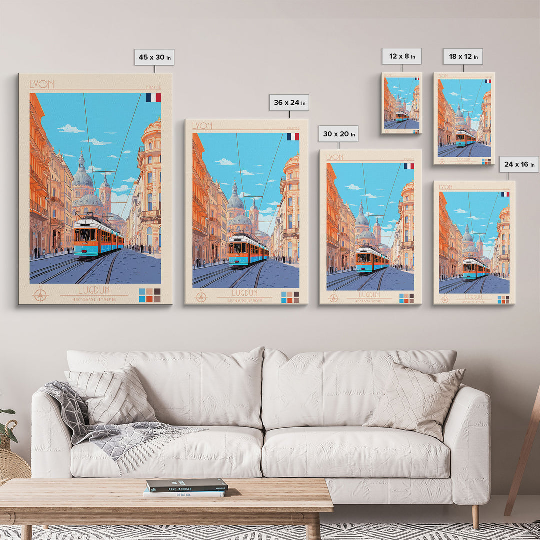 Lyon France Travel Poster Framed Canvas Print, Midcentury Modern Art, Pop Art Wall Decor, Scenic Bedroom Art, Office Decoration
