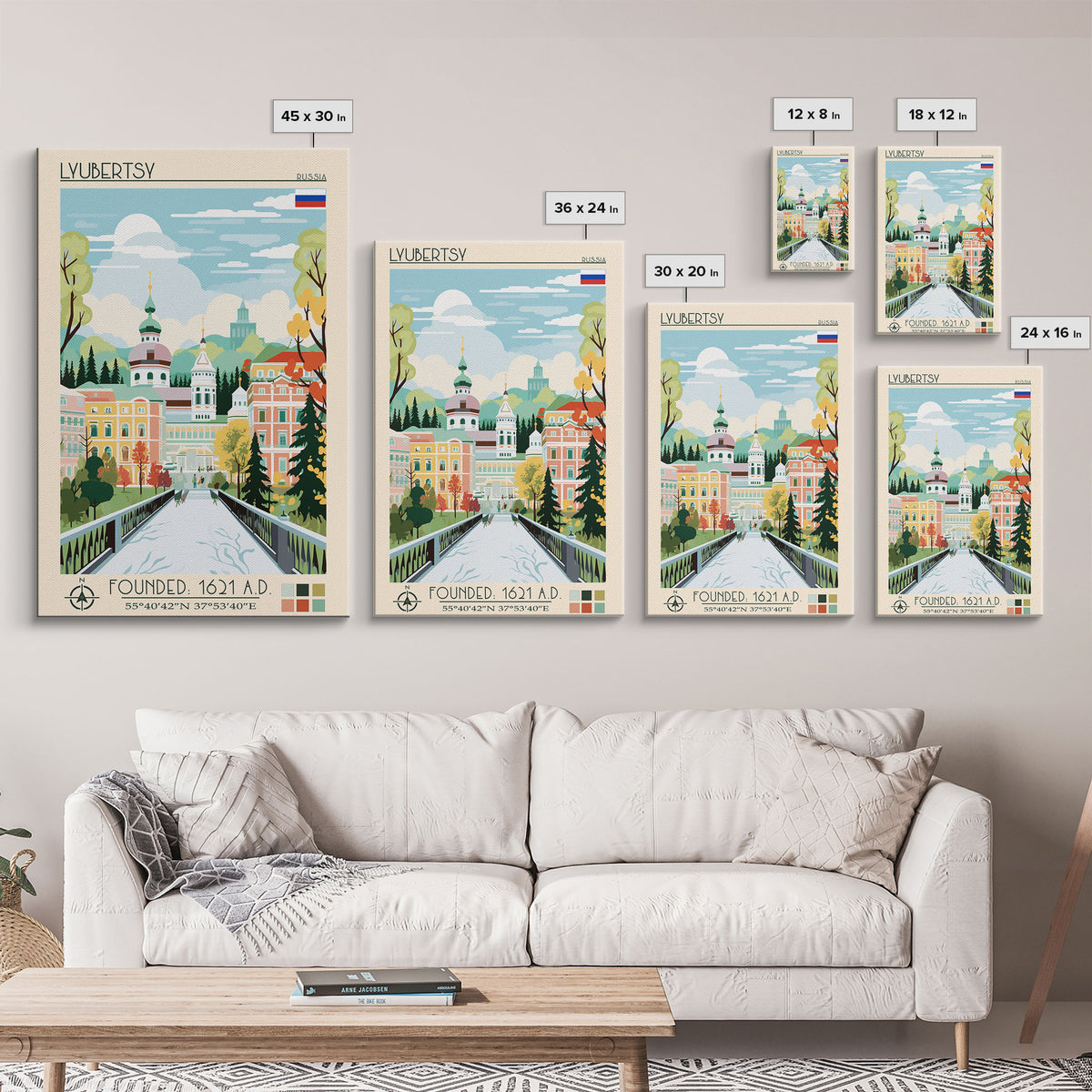 Lyubertsy Russia Travel Poster Framed Canvas Print, Midcentury Modern Art, Pop Art Wall Decor, Scenic Living Room Art, Bedroom Decor