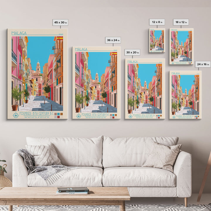 Málaga Spain Travel Poster Framed Canvas Print, Vintage Style, Pop Art Home Decor, Scenic Wall Art, Bedroom Decoration, Office Gift