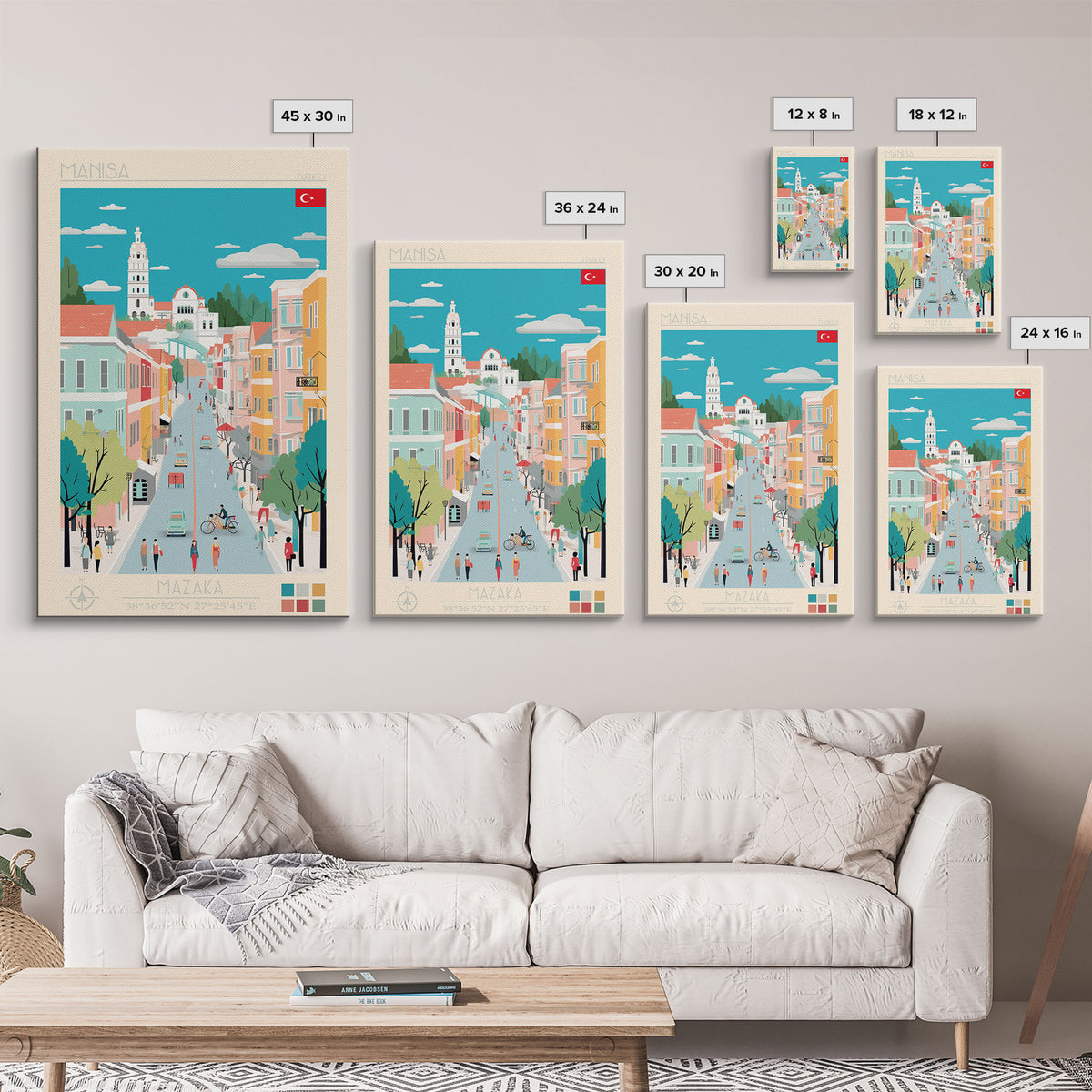 Manisa Turkey Travel Poster Framed Canvas Print, Midcentury Modern Art, Pop Art Wall Decor, Scenic Bedroom Art, Office Decoration