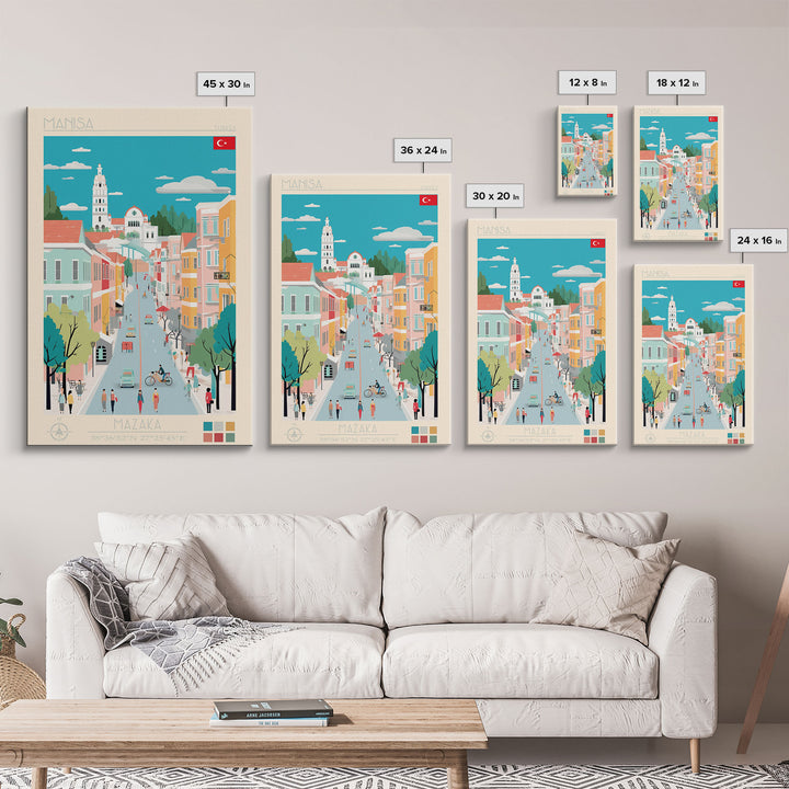 Manisa Turkey Travel Poster Framed Canvas Print, Midcentury Modern Art, Pop Art Wall Decor, Scenic Bedroom Art, Office Decoration