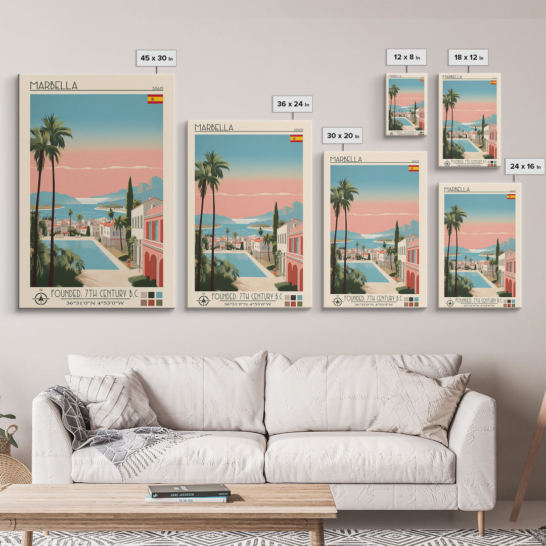 Marbella Spain Travel Poster Framed Canvas Print, Midcentury Modern Art, Pop Art Wall Decor, Scenic Living Room Art, Bedroom Decor