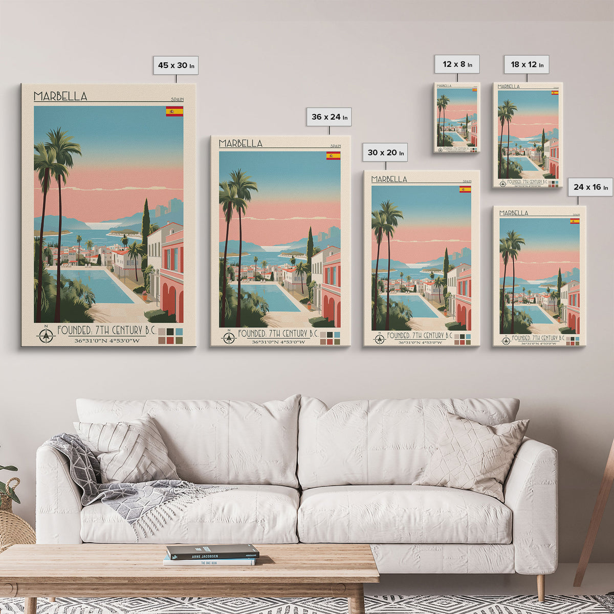 Marbella Spain Travel Poster Framed Canvas Print, Midcentury Modern Art, Pop Art Wall Decor, Scenic Living Room Art, Bedroom Decor