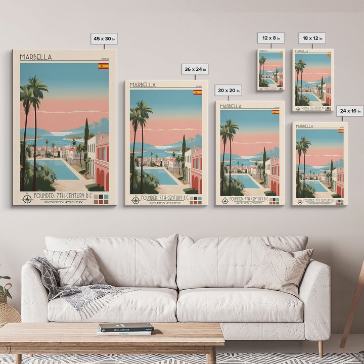 Marbella Spain Travel Poster Framed Canvas Print, Midcentury Modern Art, Pop Art Wall Decor, Scenic Living Room Art, Bedroom Decor