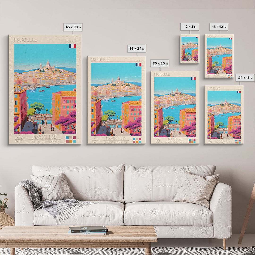 Marseille France Travel Poster Framed Canvas Print, Midcentury Modern Art, Pop Art Wall Decor, Scenic Living Room Art, Bedroom Gift