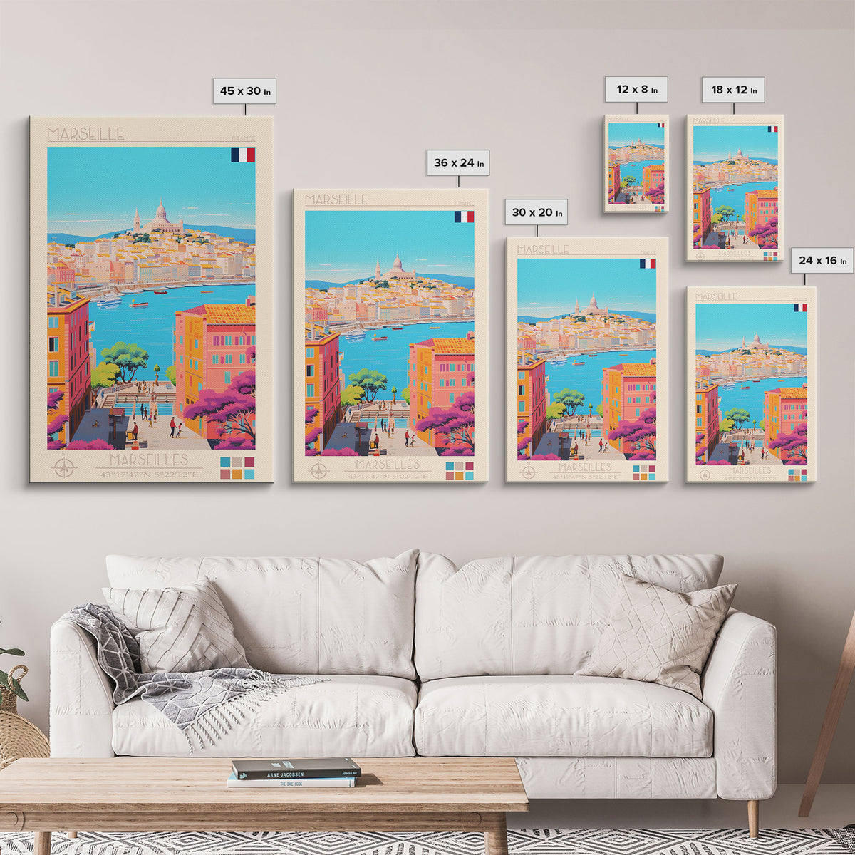 Marseille France Travel Poster Framed Canvas Print, Midcentury Modern Art, Pop Art Wall Decor, Scenic Living Room Art, Bedroom Gift