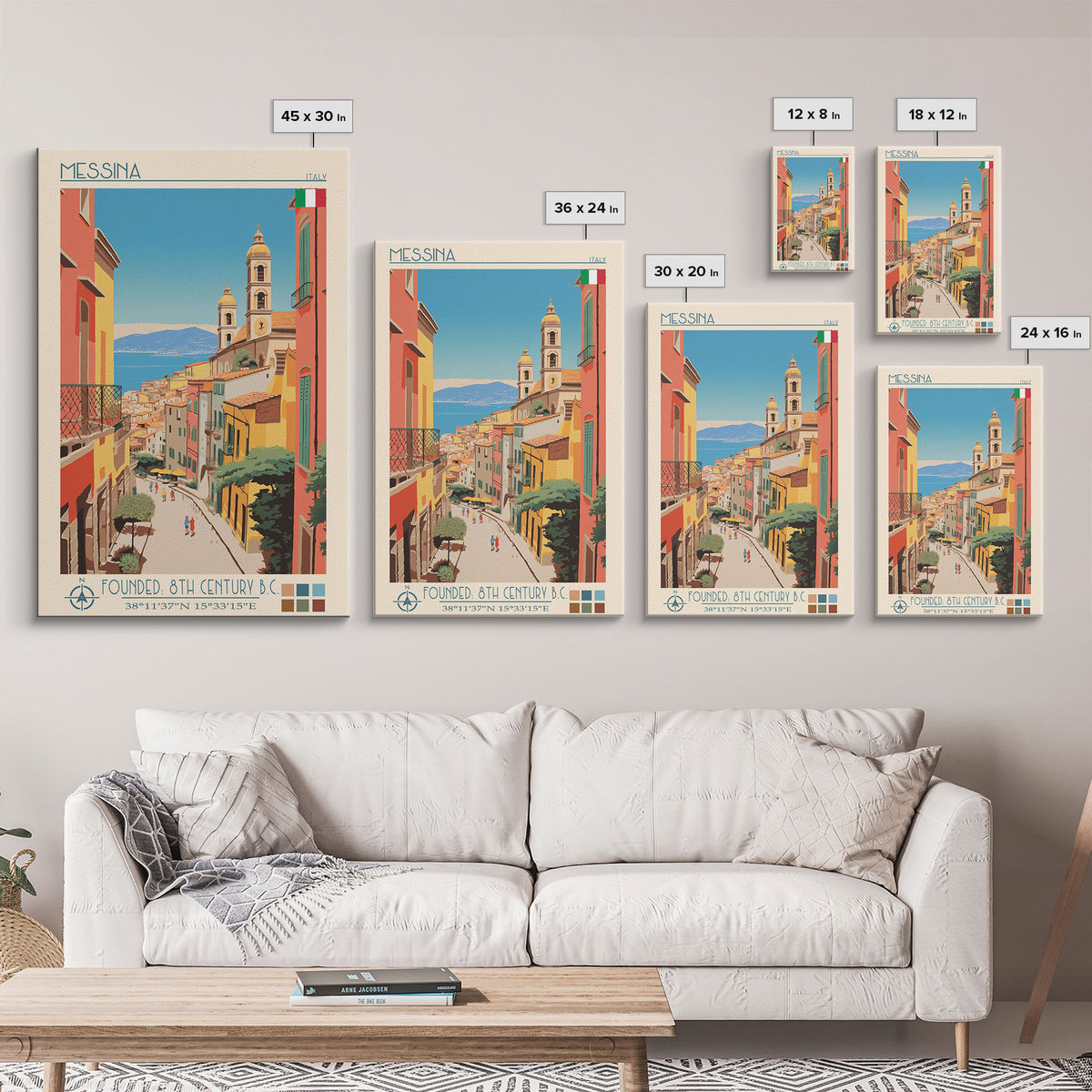 Messina Italy Travel Poster Framed Canvas Print, Midcentury Modern Art, Pop Art Wall Decor, Scenic Wall Art, Bedroom Decoration