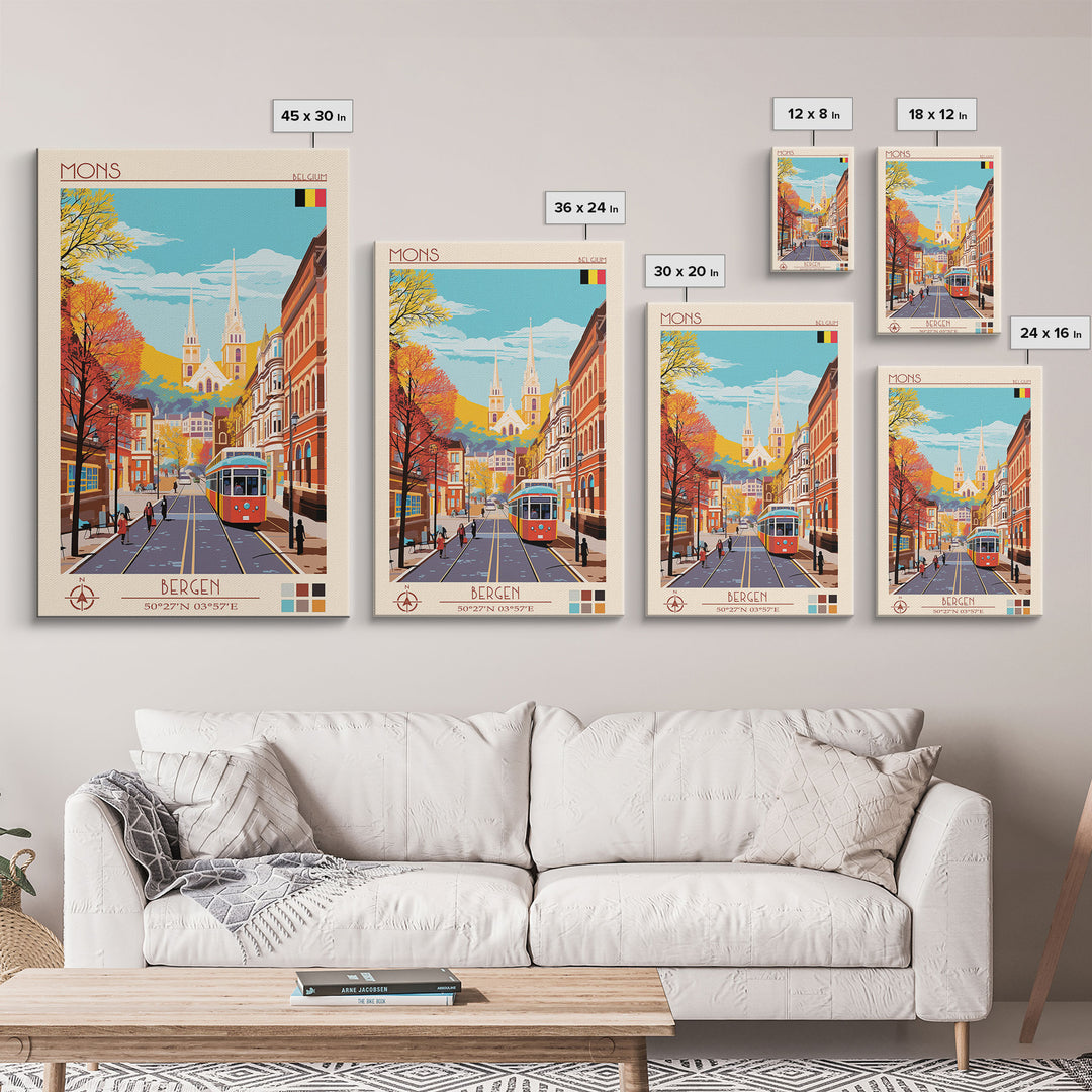 Mons Belgium Travel Poster Framed Canvas Print, Midcentury Modern Art, Pop Art Wall Decor, Home Decor, Vacation Gift, Office Art