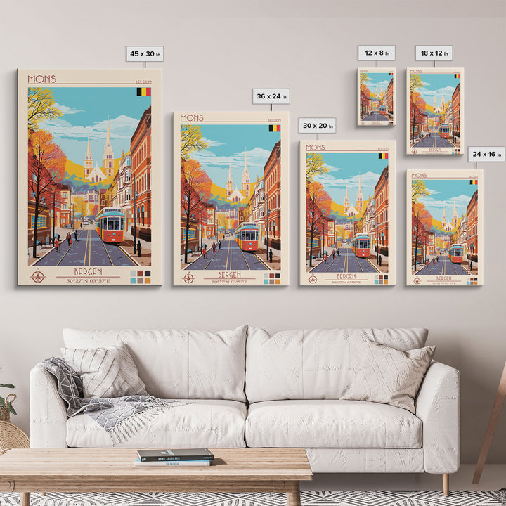 Mons Belgium Travel Poster Framed Canvas Print, Midcentury Modern Art, Pop Art Wall Decor, Home Decor, Vacation Gift, Office Art
