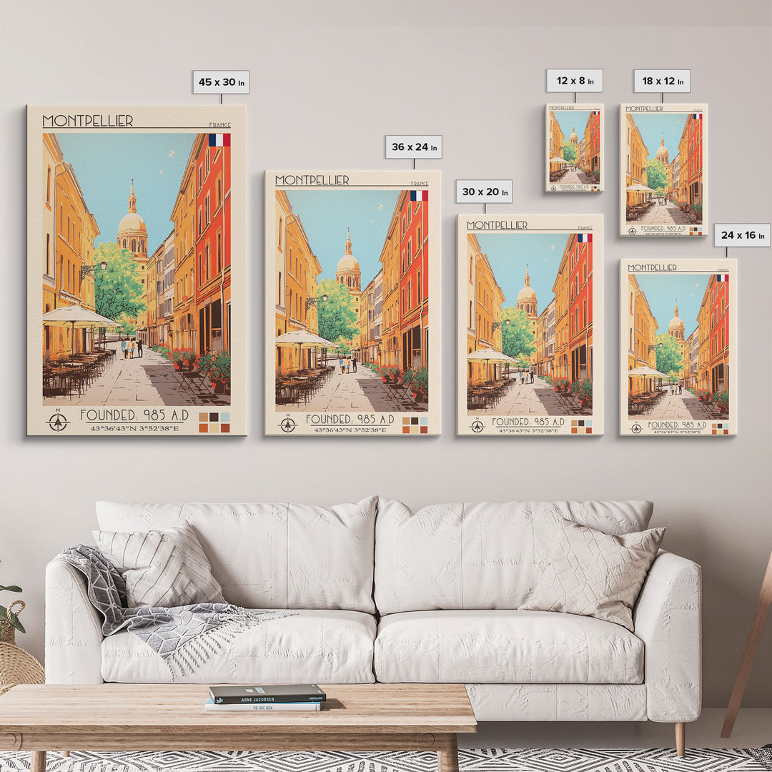 Montpellier France Travel Poster Framed Canvas Print, Midcentury Modern Art, Pop Art Wall Decor, Scenic Living Room Art, Bedroom Gift