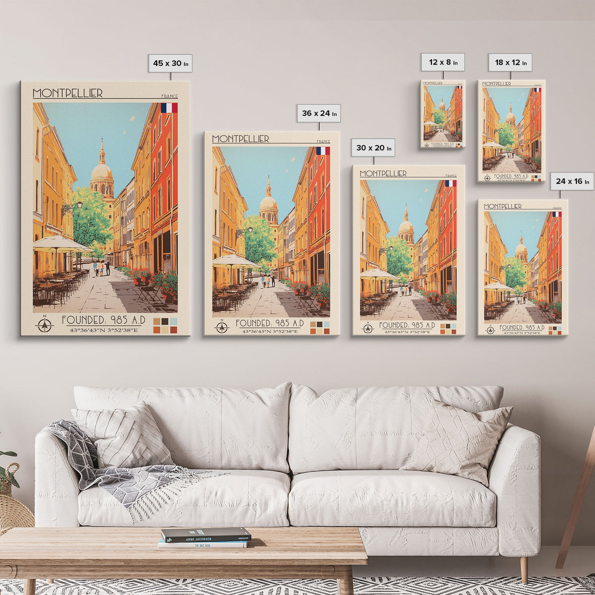 Montpellier France Travel Poster Framed Canvas Print, Midcentury Modern Art, Pop Art Wall Decor, Scenic Living Room Art, Bedroom Gift