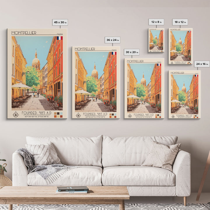 Montpellier France Travel Poster Framed Canvas Print, Midcentury Modern Art, Pop Art Wall Decor, Scenic Living Room Art, Bedroom Gift