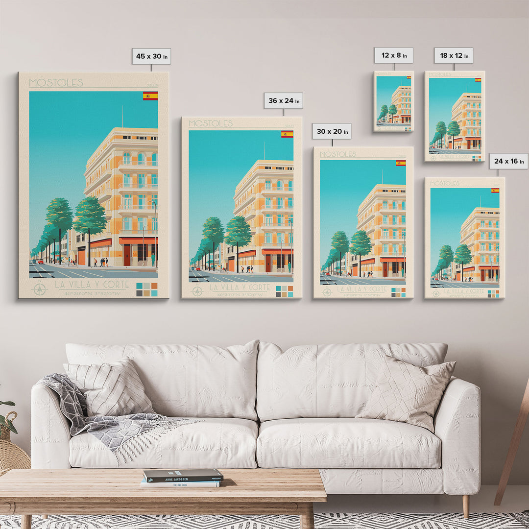 Mostoles Spain Travel Poster Framed Canvas Print, Midcentury Modern Art, Pop Art Wall Decor, Home Decor, Vacation Gift, Office Art