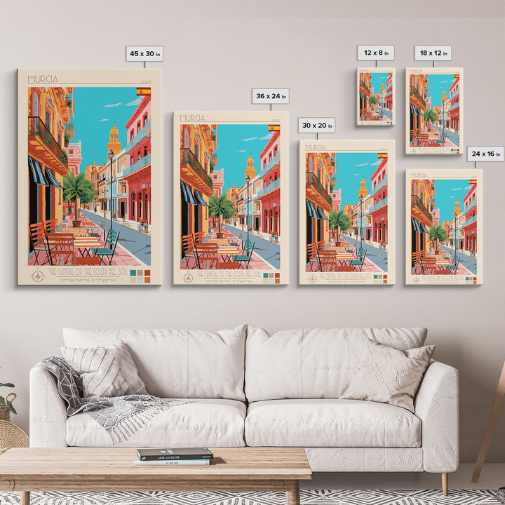 Murcia Spain Travel Poster Framed Canvas Print, Midcentury Modern Art, Pop Art Wall Decor, Scenic Wall Art, Bedroom Decoration