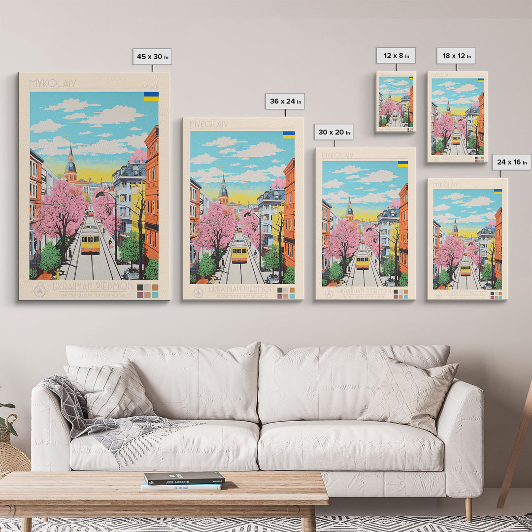 Mykolaiv Ukraine Travel Poster Framed Canvas Print, Midcentury Modern Art, Pop Art Wall Decor, Scenic Bedroom Art, Office Decoration