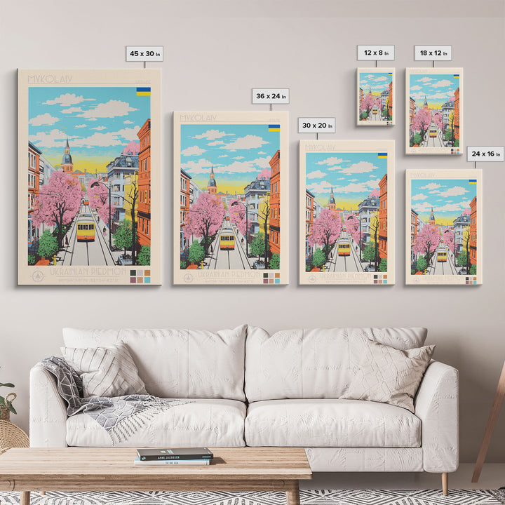 Mykolaiv Ukraine Travel Poster Framed Canvas Print, Midcentury Modern Art, Pop Art Wall Decor, Scenic Bedroom Art, Office Decoration