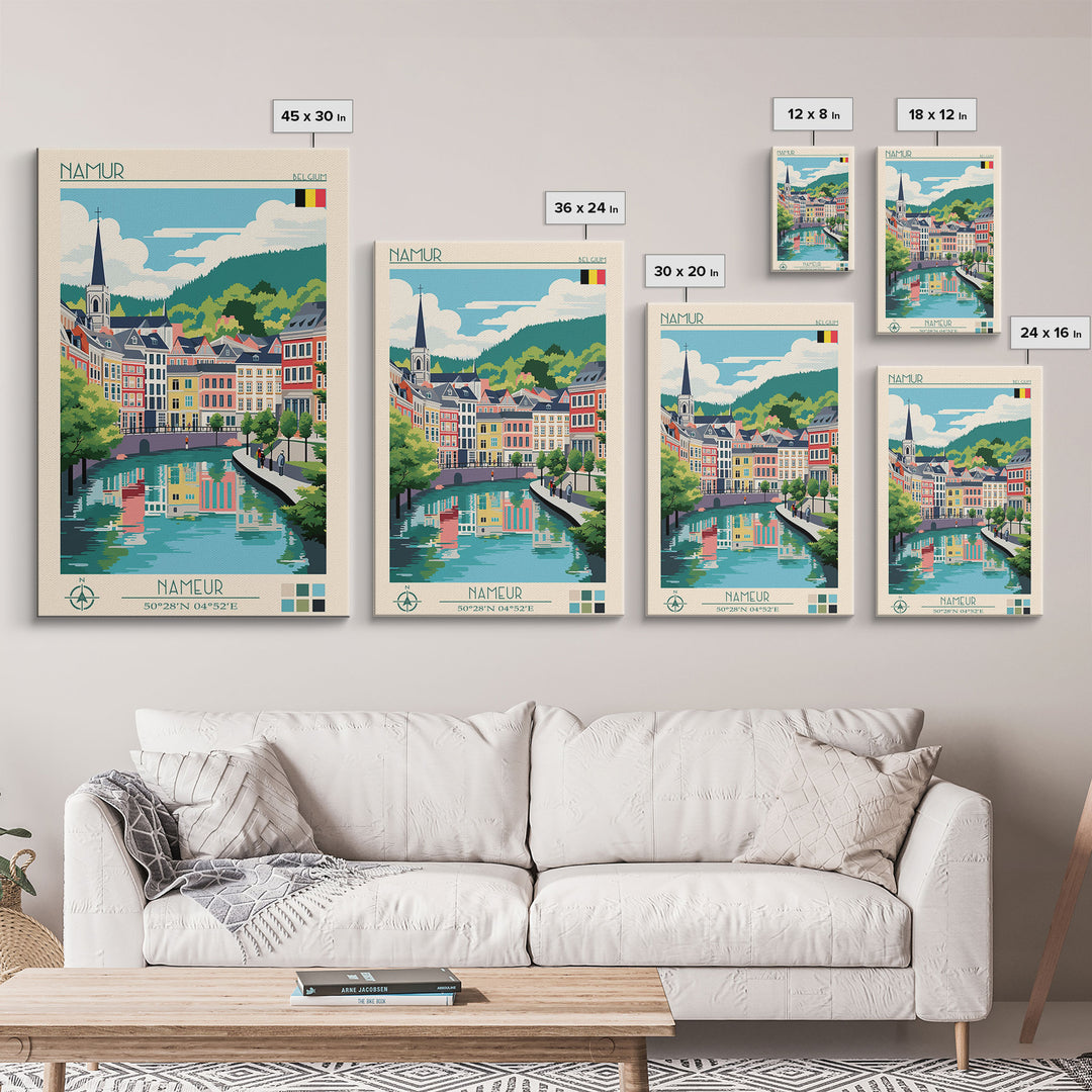Namur Belgium Travel Poster Framed Canvas Print, Midcentury Modern Art, Pop Art Wall Decor, Scenic Wall Art, Living Room Decoration, Office Gift