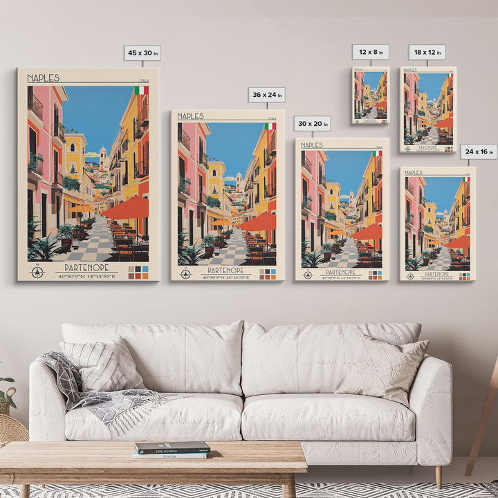 Naples Italy Travel Poster Framed Canvas Print, Midcentury Modern Art, Pop Art Wall Decor, Scenic Wall Art, Living Room Decoration, Office Art