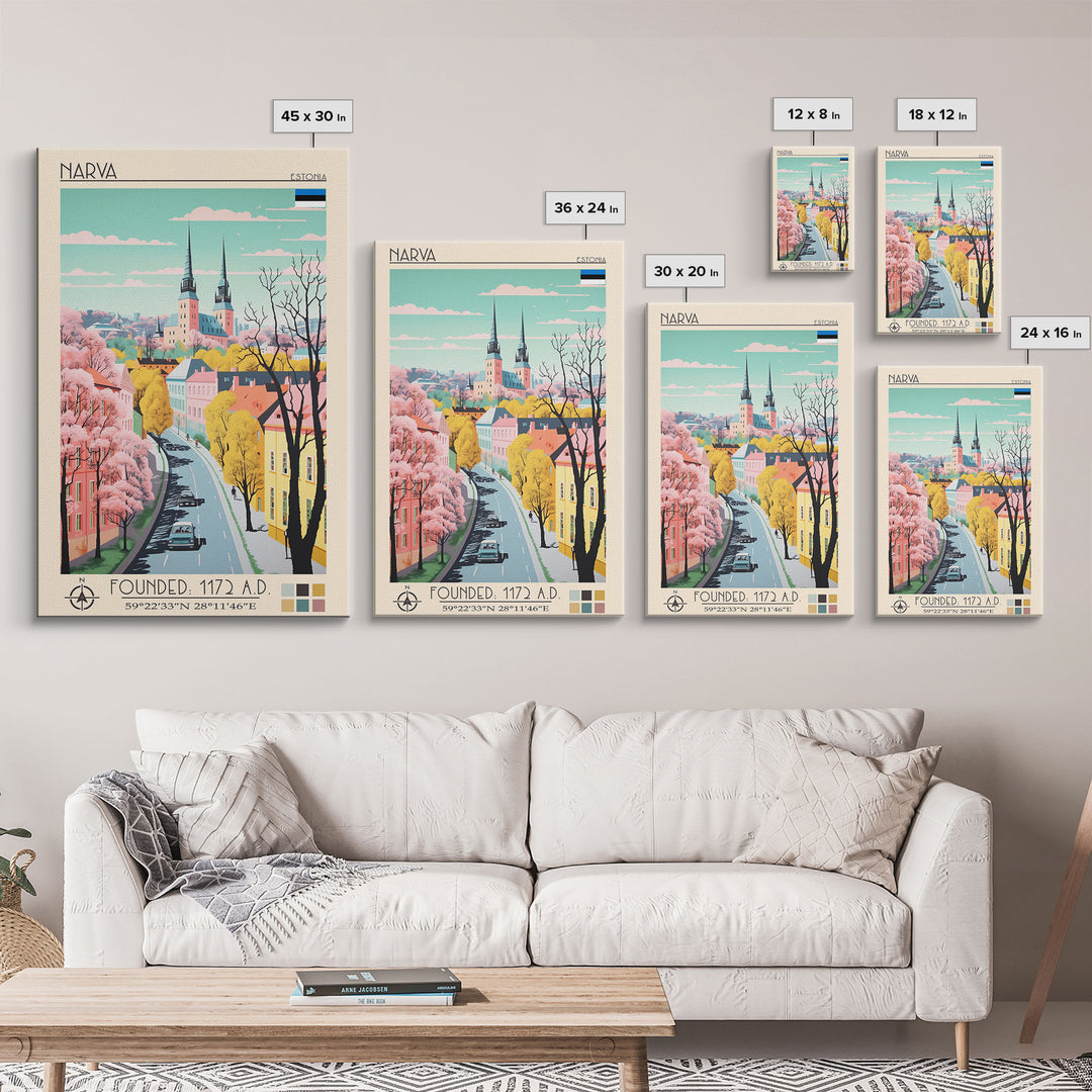 Narva Estonia Travel Poster Framed Canvas Print, Midcentury Modern Art, Pop Art Wall Decor, Scenic Bedroom Art, Office Decoration