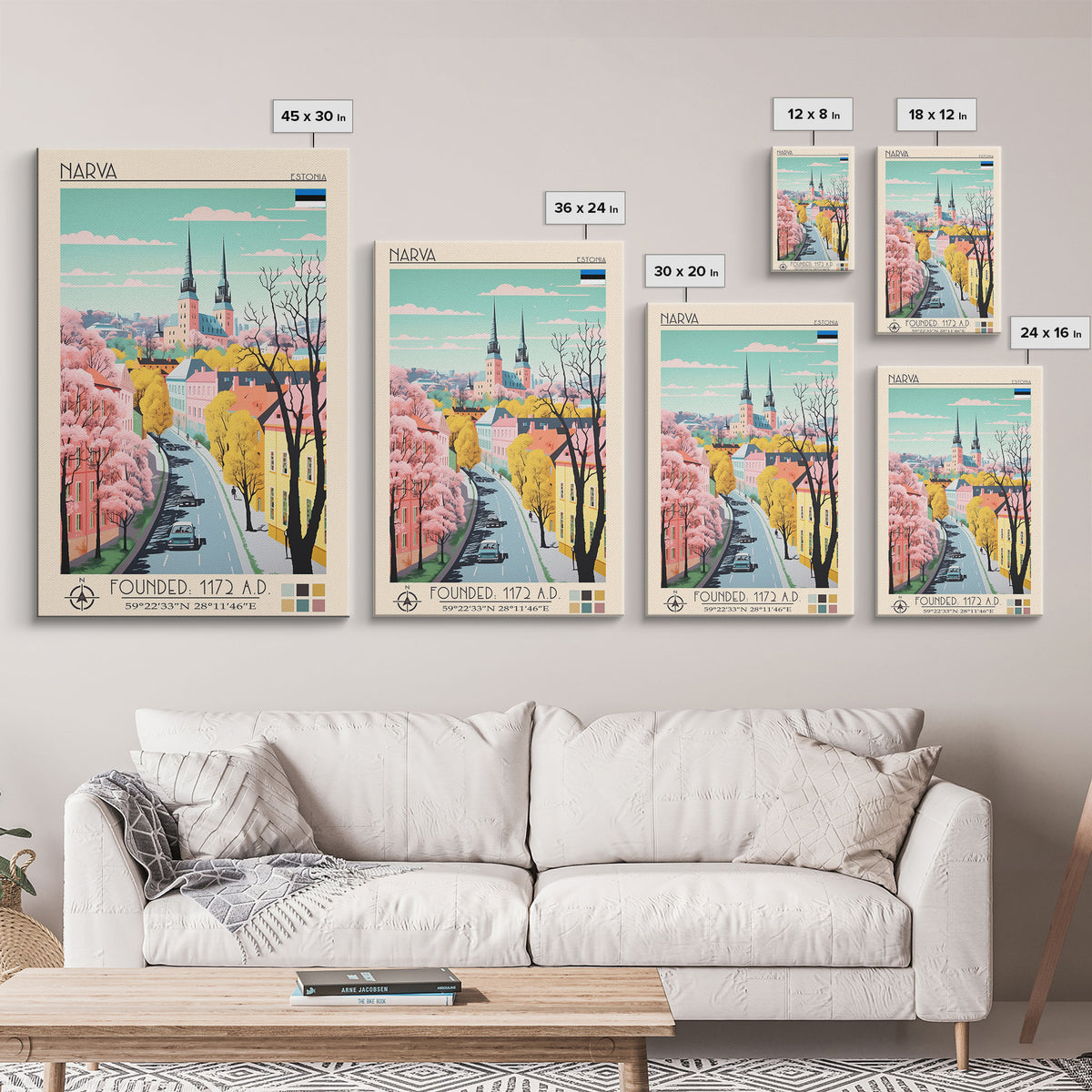 Narva Estonia Travel Poster Framed Canvas Print, Midcentury Modern Art, Pop Art Wall Decor, Scenic Bedroom Art, Office Decoration
