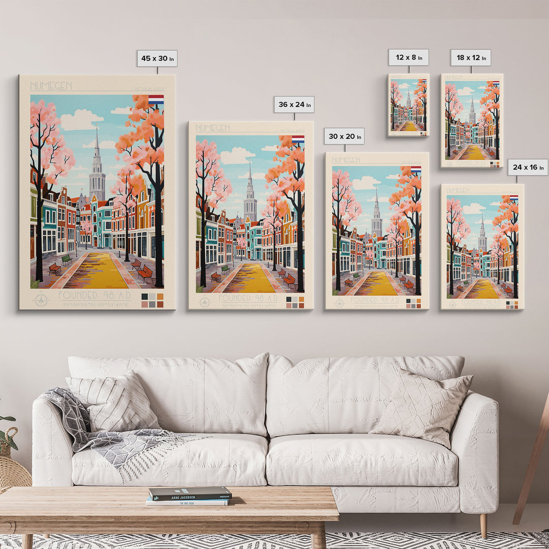 Nijmegen Netherlands Travel Poster Framed Canvas Print, Midcentury Modern Art, Pop Art Wall Decor, Scenic Living Room Art, Bedroom Gift