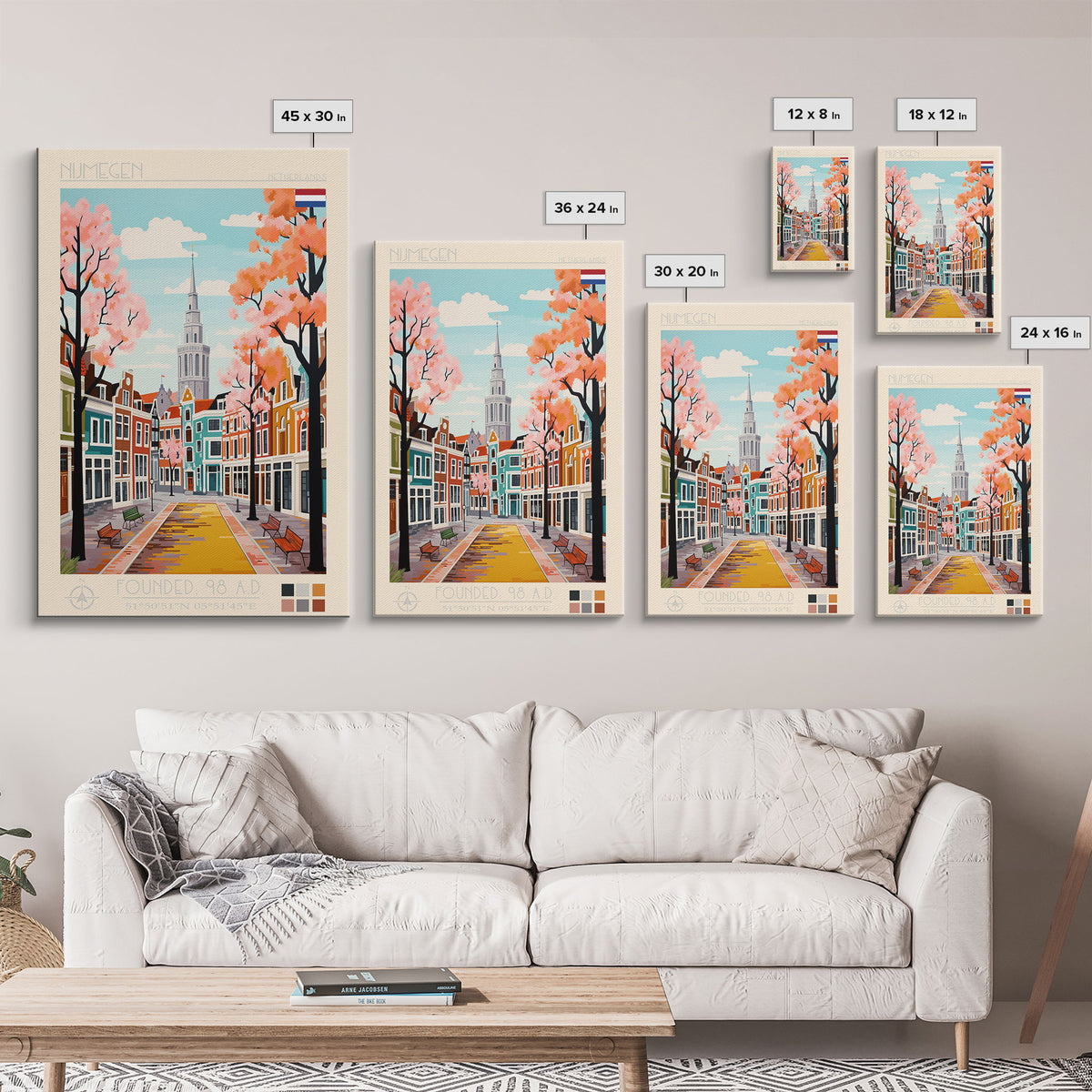Nijmegen Netherlands Travel Poster Framed Canvas Print, Midcentury Modern Art, Pop Art Wall Decor, Scenic Living Room Art, Bedroom Gift